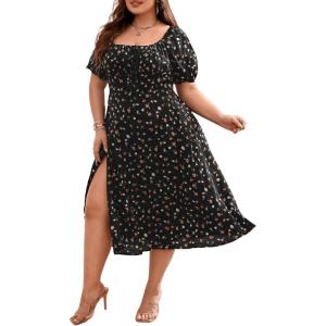 image:imageFloerns Womens Plus Size Floral Print Tie Front Square Neck Slit Hem Midi DressBlack