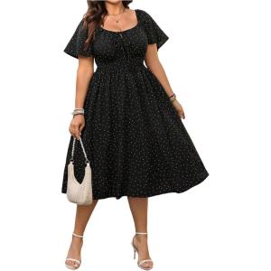 image:imageFloerns Womens Plus Size Floral Print Tie Front Square Neck Slit Hem Midi DressBlack Dots