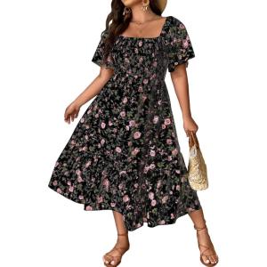 image:imageFloerns Womens Plus Size Floral Print Tie Front Square Neck Slit Hem Midi DressBlack Floral