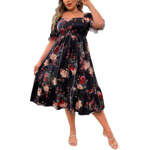 image:imageFloerns Womens Plus Size Floral Print Tie Front Square Neck Slit Hem Midi DressBlack Multi