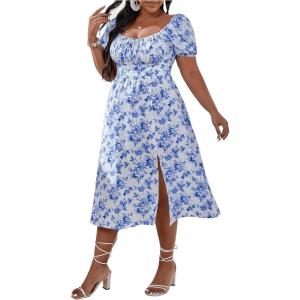 image:imageFloerns Womens Plus Size Floral Print Tie Front Square Neck Slit Hem Midi DressBlue Ditsy Floral
