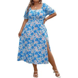 image:imageFloerns Womens Plus Size Floral Print Tie Front Square Neck Slit Hem Midi DressBlue Flower