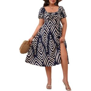 image:imageFloerns Womens Plus Size Floral Print Tie Front Square Neck Slit Hem Midi DressDark Blue Chevron