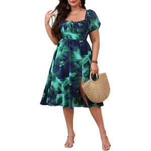 image:imageFloerns Womens Plus Size Floral Print Tie Front Square Neck Slit Hem Midi DressForest Green