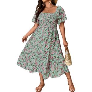 image:imageFloerns Womens Plus Size Floral Print Tie Front Square Neck Slit Hem Midi DressGreen Flower