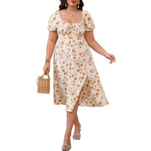 image:imageFloerns Womens Plus Size Floral Print Tie Front Square Neck Slit Hem Midi DressLight Apricot Multi