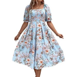 image:imageFloerns Womens Plus Size Floral Print Tie Front Square Neck Slit Hem Midi DressLight Blue
