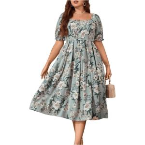 image:imageFloerns Womens Plus Size Floral Print Tie Front Square Neck Slit Hem Midi DressLight Green