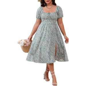 image:imageFloerns Womens Plus Size Floral Print Tie Front Square Neck Slit Hem Midi DressLight Green Multi