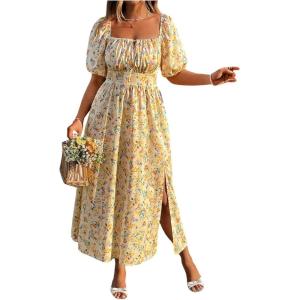 image:imageFloerns Womens Plus Size Floral Print Tie Front Square Neck Slit Hem Midi DressLight Yellow