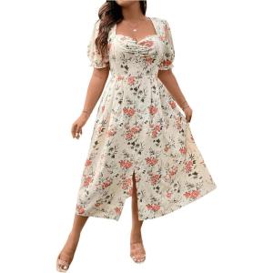 image:imageFloerns Womens Plus Size Floral Print Tie Front Square Neck Slit Hem Midi DressMulti Apricot Multi