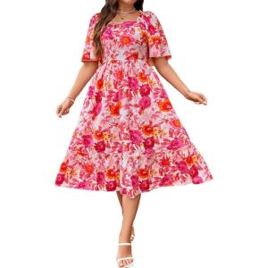image:imageFloerns Womens Plus Size Floral Print Tie Front Square Neck Slit Hem Midi DressPink Multi