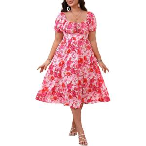 image:imageFloerns Womens Plus Size Floral Print Tie Front Square Neck Slit Hem Midi DressPink Rose