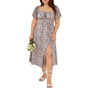 image:imageFloerns Womens Plus Size Floral Print Tie Front Square Neck Slit Hem Midi DressPurple Floral