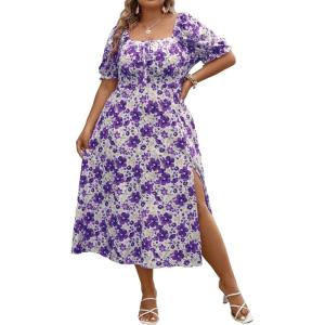 image:imageFloerns Womens Plus Size Floral Print Tie Front Square Neck Slit Hem Midi DressPurple and White