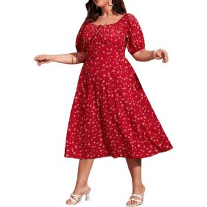 image:imageFloerns Womens Plus Size Floral Print Tie Front Square Neck Slit Hem Midi DressRed