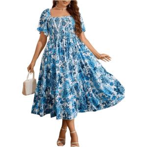image:imageFloerns Womens Plus Size Floral Print Tie Front Square Neck Slit Hem Midi DressSky Blue