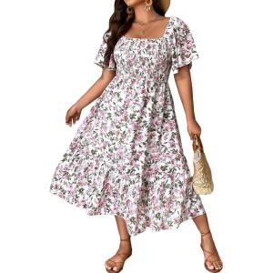 image:imageFloerns Womens Plus Size Floral Print Tie Front Square Neck Slit Hem Midi DressWhite Purple Floral