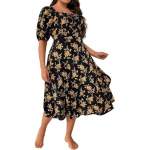 image:imageFloerns Womens Plus Size Floral Print Tie Front Square Neck Slit Hem Midi DressYellow Multi