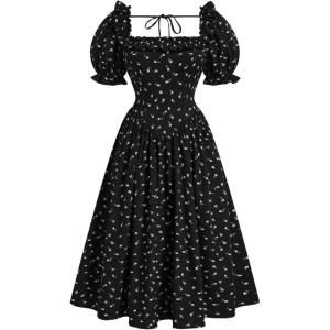 image:imageFloerns Womens Plus Size Floral Puff Sleeve A Line Beach Dresses Frill Trim Square Neck Vacation OutfitsBlack