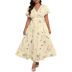 image:imageFloerns Womens Plus Size Floral Short Sleeve A Line Dress Wrap V Neck Belt Long DressesApricot