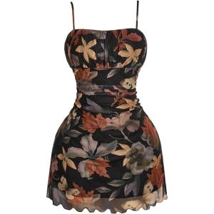 image:imageFloerns Womens Plus Size Floral Spaghetti Strap Cami Dress Ruched Bust Beach Vacation Mini Dresses Black Multi 3XLarge PlusBlack Multi