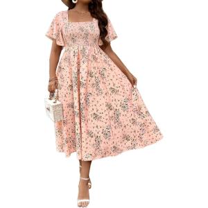 image:imageFloerns Womens Plus Size Floral Square Neck Flounce Short Sleeve A Line Maxi DressPink