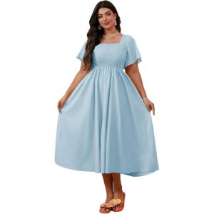 image:imageFloerns Womens Plus Size Floral Square Neck Flounce Short Sleeve A Line Maxi DressSky Blue