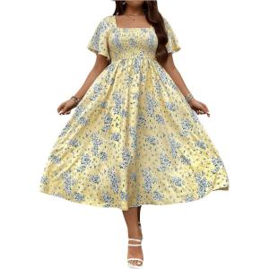 image:imageFloerns Womens Plus Size Floral Square Neck Flounce Short Sleeve A Line Maxi DressYellow