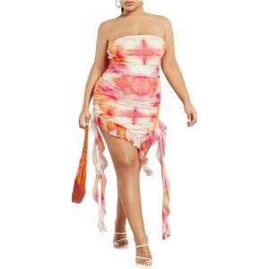 image:imageFloerns Womens Plus Size Floral Strapless Tube Top Irregular Ruffle Hem Mini DressesOrange
