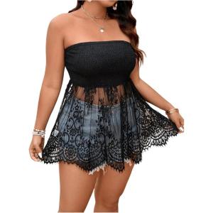 image:imageFloerns Womens Plus Size Fringe Trim Bandeau Sheer Strapless Flared Hem Tube TopsBlack
