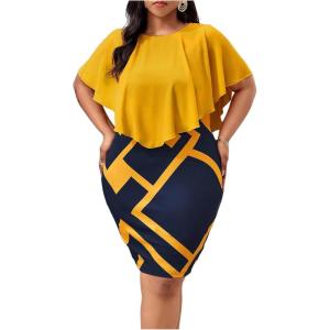 image:imageFloerns Womens Plus Size Geo Print Cloak Sleeve Party Dress Elegant Short Pencil DressesYellow and Blue