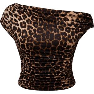 image:imageFloerns Womens Plus Size Leopard Print Sleeveless Ruched Tee Tops Punk Asymmetrical Neck T ShirtBrown