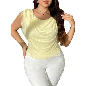 image:imageFloerns Womens Plus Size Mesh Draped Front Blouse Scoop Neck Asymmetrical Elegant TopsYellow