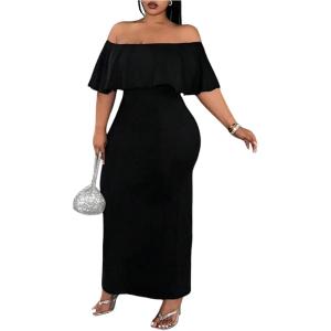 image:imageFloerns Womens Plus Size Off Shoulder Maxi Dress Foldover Short Sleeve Bodycon DressesBlack