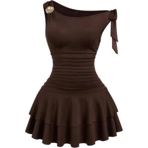 image:imageFloerns Womens Plus Size Off The Shoulder Mini Dress Metal Floral Layered Party A Line DressesMocha Brown