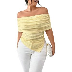 image:imageFloerns Womens Plus Size Off The Shoulder T Shirts Ruched Short Sleeve Hanky Hem TopsYellow