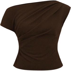 image:imageFloerns Womens Plus Size Off The Shoulder T Shirts Short Sleeve Ruched Going Out TopsBrown