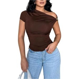 image:imageFloerns Womens Plus Size Off The Shoulder T Shirts Short Sleeve Slim Fit Going Out TopsBrown