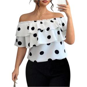 image:imageFloerns Womens Plus Size Off The Shoulder Tops Layered Ruffle Polka Dots Casual BlousesWhite