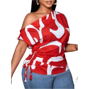 image:imageFloerns Womens Plus Size Off The Shoulder Tops Short Sleeve Drawstring Business Casual BlousesRed