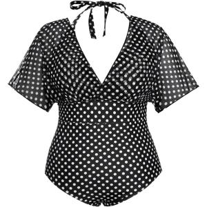 image:imageFloerns Womens Plus Size One Piece Swimsuit Floral Print Halter Tie Back Short Sleeve BeachwearBlack Polka Dots