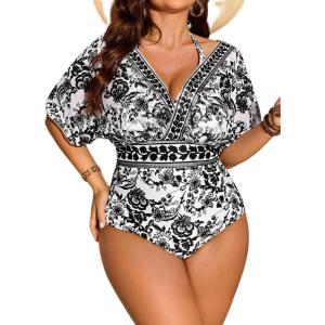 image:imageFloerns Womens Plus Size One Piece Swimsuit Floral Print Halter Tie Back Short Sleeve BeachwearBlack and White