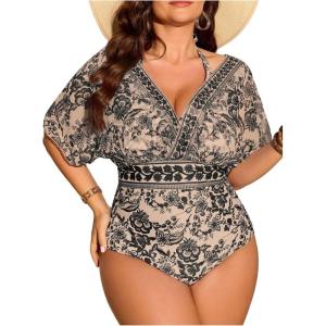 image:imageFloerns Womens Plus Size One Piece Swimsuit Floral Print Halter Tie Back Short Sleeve BeachwearBrown