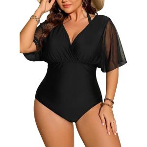 image:imageFloerns Womens Plus Size One Piece Swimsuit Floral Print Halter Tie Back Short Sleeve BeachwearPlain Black