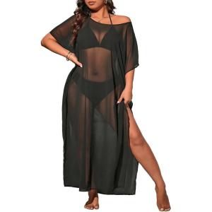 image:imageFloerns Womens Plus Size One Shoulder Sheer Mesh Split Thigh Loose Coverup DressBlack