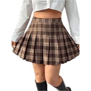 image:imageFloerns Womens Plus Size Plaid Print High Waist Mini Skirt Uniform Pleated A Line SkirtsBrown