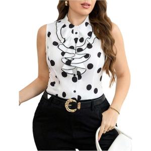 image:imageFloerns Womens Plus Size Polka Dots Blouse Ruffle Trim Sleeveless Button Down ShirtsBlack