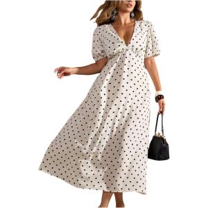 image:imageFloerns Womens Plus Size Polka Dots V Neck Maxi Dress Puff Sleeve Vintage Beach A Line DressesApricot