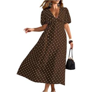 image:imageFloerns Womens Plus Size Polka Dots V Neck Maxi Dress Puff Sleeve Vintage Beach A Line DressesBrown